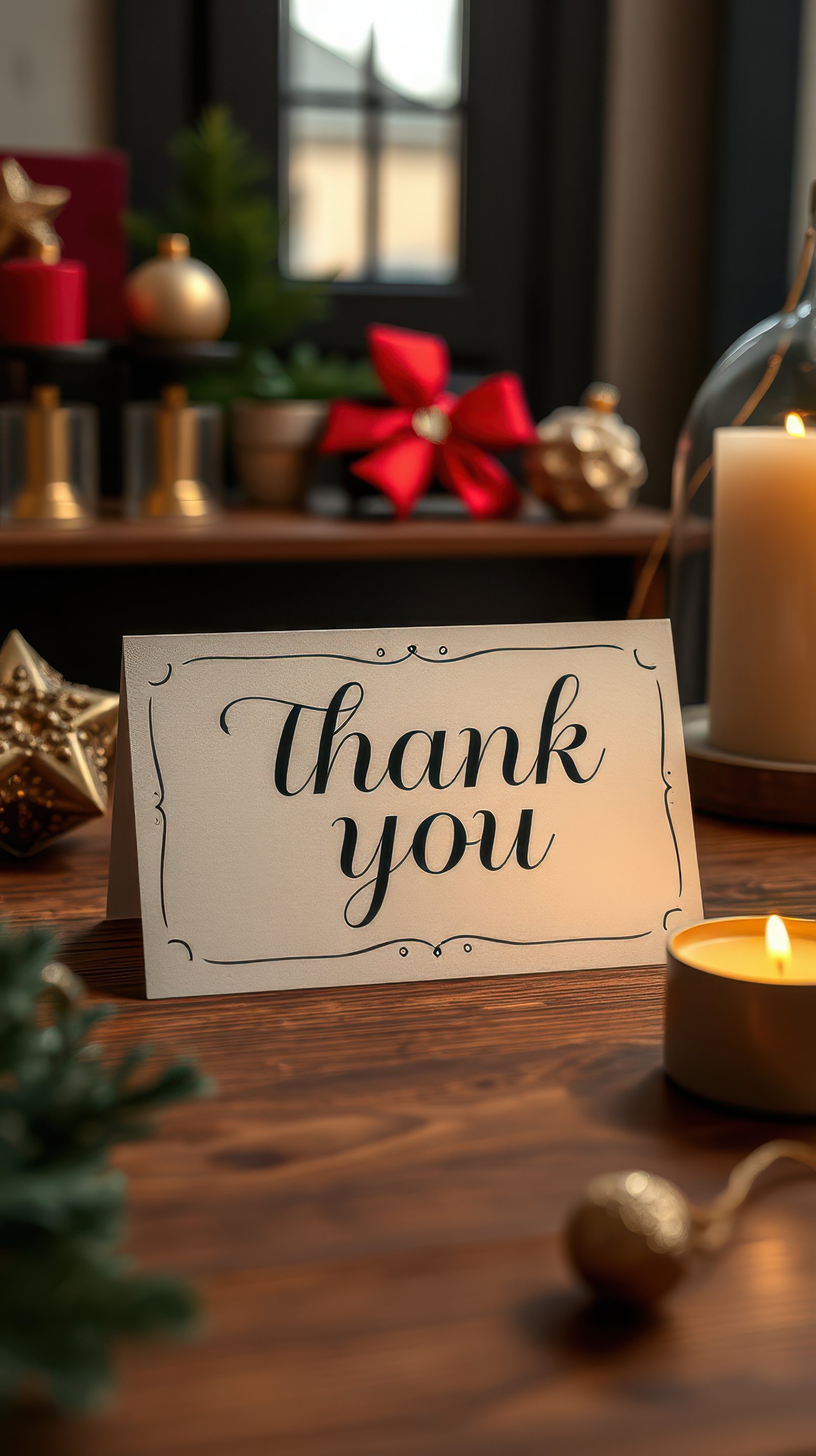 Festive thank you card placed on a wooden table adorned with holiday decorations and warm candlelight